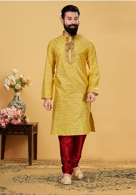 Beige Solid Silk Kurta Set For Men