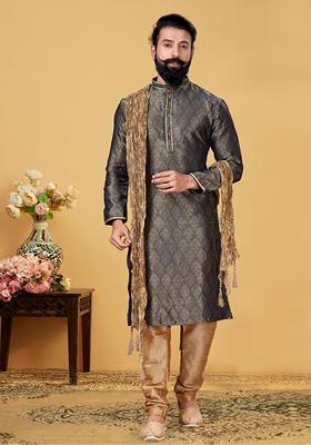 Grey Solid Silk Kurta Set For Men