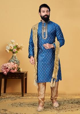 Sky Blue Solid Silk Kurta Set For Men
