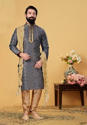 Grey Solid Silk Kurta Set For Men