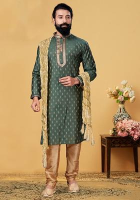 Green Solid Silk Kurta Set For Men
