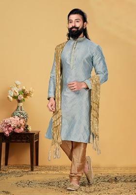 Sky Blue Solid Silk Kurta Set For Men