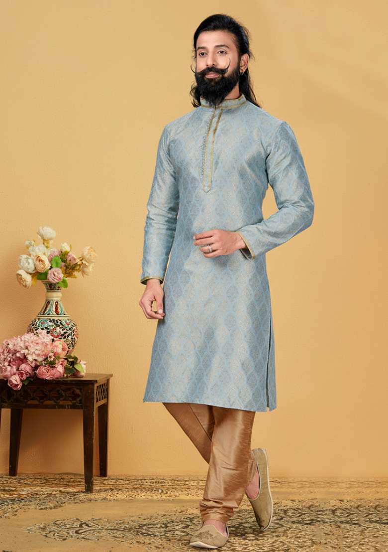 Sky Blue Solid Silk Blend Kurta Set For Men - Indya