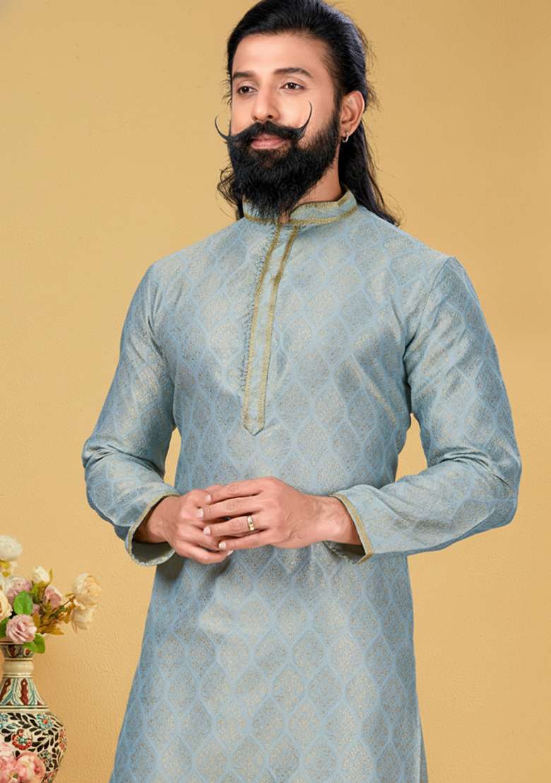 Sky Blue Solid Silk Blend Kurta Set For Men - Indya