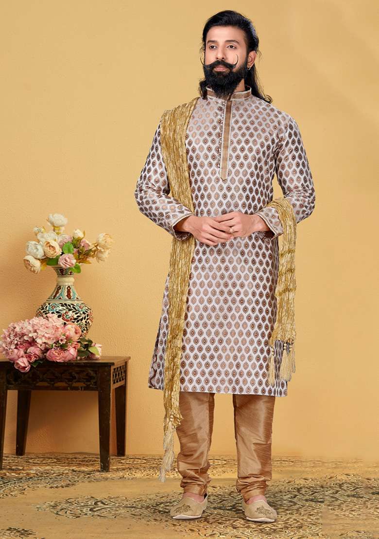 White Solid Silk Kurta Set For Men - Indya