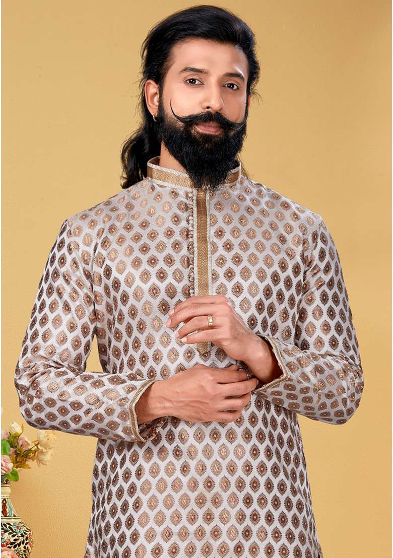 White Solid Silk Kurta Set For Men - Indya
