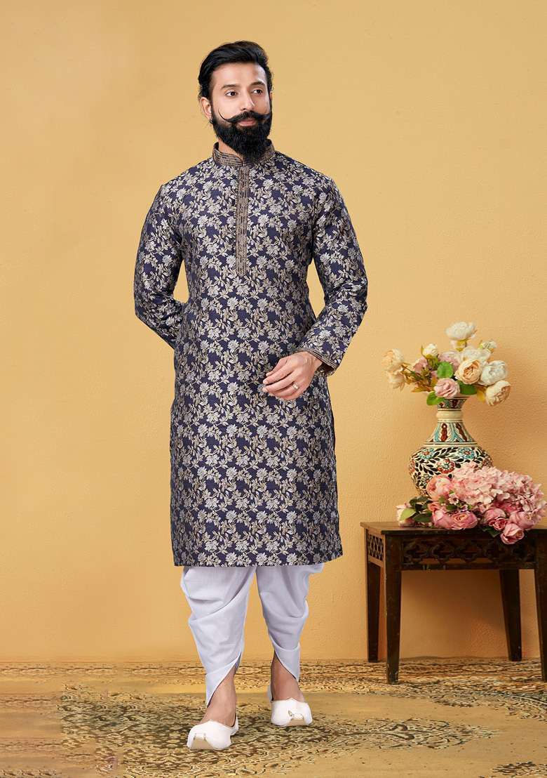 Light Grey Solid Silk Blend Kurta Set For Men - Indya