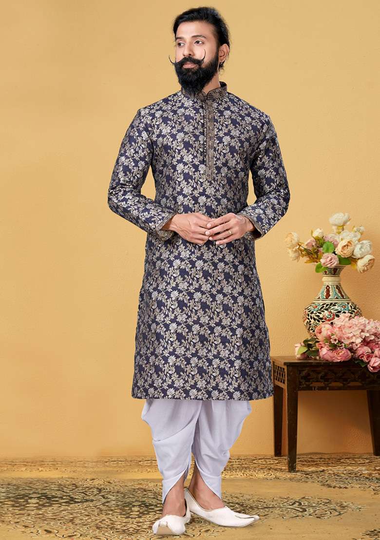 Light Grey Solid Silk Blend Kurta Set For Men - Indya