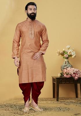 Peach Solid Silk Kurta Set For Men