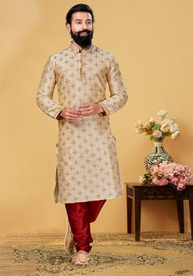 Beige Solid Silk Kurta Set For Men