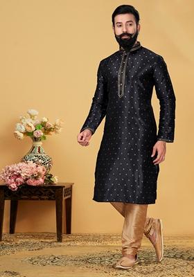 Black Solid Silk Kurta Set For Men