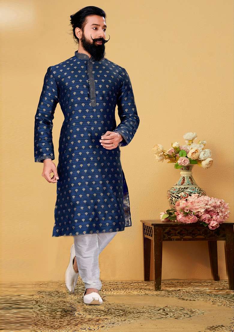 Navy Blue Solid Silk Kurta Set For Men - Indya