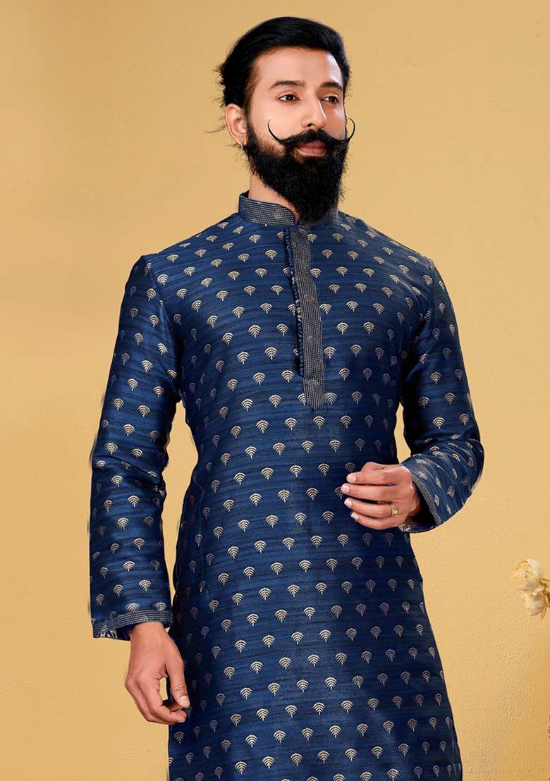 Navy Blue Solid Silk Kurta Set For Men - Indya