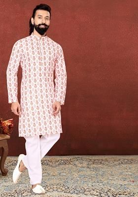 Pink Solid Cotton Kurta Set For Men