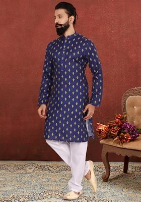 Blue Solid Cotton Kurta Set For Men