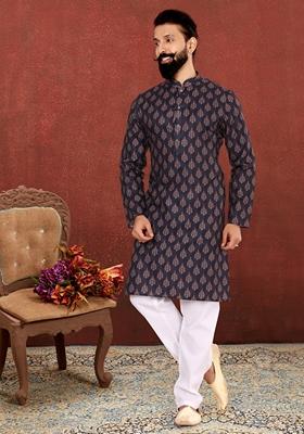 Navy Blue Solid Cotton Kurta Set For Men