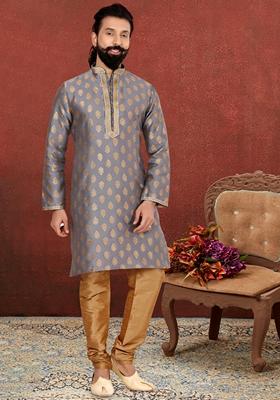 Grey Solid Silk Kurta Set For Men