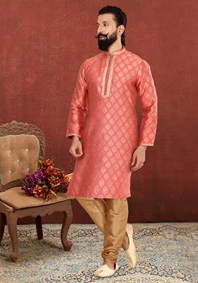 Rani Pink Solid Silk Kurta Set For Men