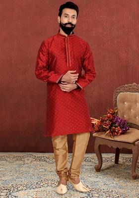 Red Solid Silk Kurta Set For Men