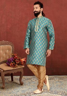 Aqua Green Solid Silk Kurta Set For Men