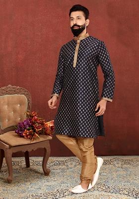 Grey Solid Banarasi Silk Kurta Set For Men