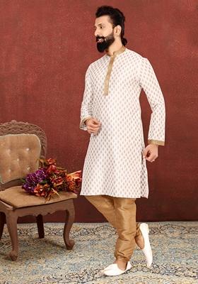 Pink Solid Banarasi Silk Kurta Set For Men