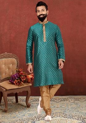 Teal Blue Solid Banarasi Silk Kurta Set For Men