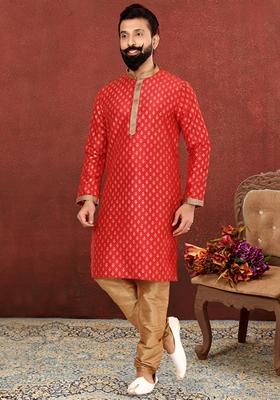 Red Solid Banarasi Silk Kurta Set For Men