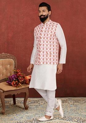 White Pink Solid Silk Kurta Set For Men