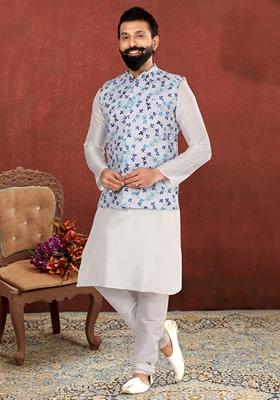 Multi Embroidered Cotton Nehru Jacket For Men