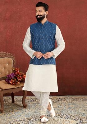 White Embroidered Cotton Nehru Jacket For Men