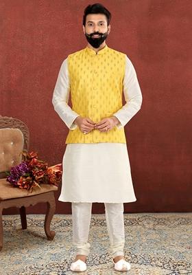 White And Yellow Embroidered Cotton Nehru Jacket For Men