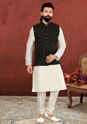 White Embroidered Cotton Nehru Jacket For Men