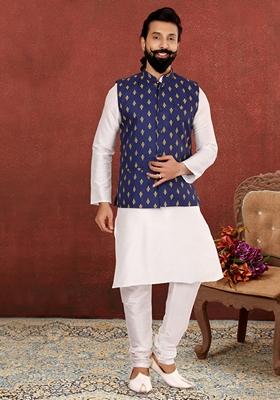 White Embroidered Cotton Nehru Jacket For Men