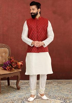 White Embroidered Cotton Nehru Jacket For Men