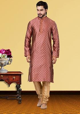 Red Solid Jacquard Kurta Set For Men