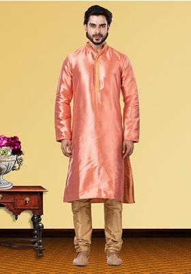 Peach Solid Jacquard Kurta Set For Men