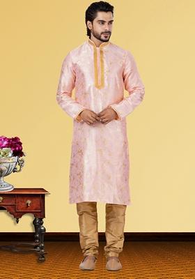 Baby Pink Solid Silk Kurta Set For Men