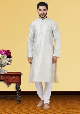 Sea Green Solid Silk Kurta Set For Men