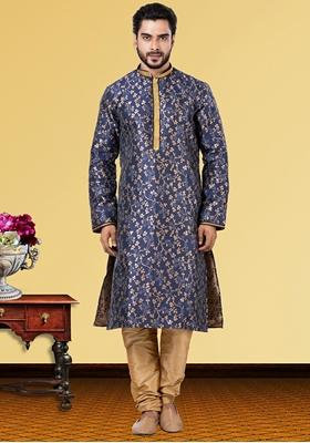 Sea Green Solid Jacquard Kurta Set For Men