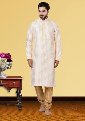 Blue Solid Jacquard Kurta Set For Men