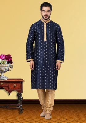 Navy Blue Solid Silk Kurta Set For Men