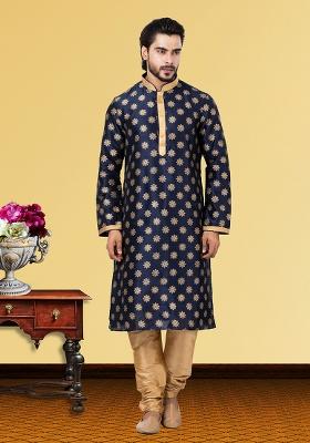 Navy Blue Solid Silk Kurta Set For Men