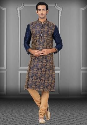 Navy Blue Solid Silk Kurta Set For Men