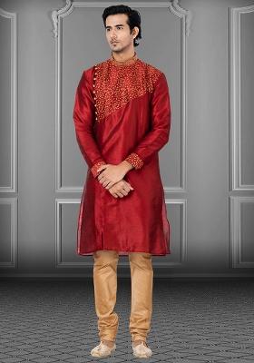 Red Solid Silk Kurta Set For Men