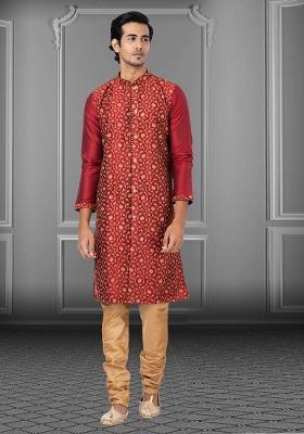 Rani Pink Solid Silk Kurta Set For Men