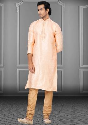 Peach Solid Silk Kurta Set For Men