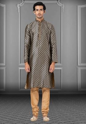 Sea Green Solid Jacquard Kurta Set For Men