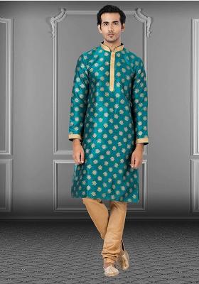 Teal Blue Solid Silk Kurta Set For Men