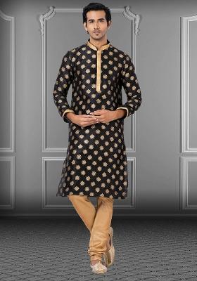 Black Solid Silk Kurta Set For Men